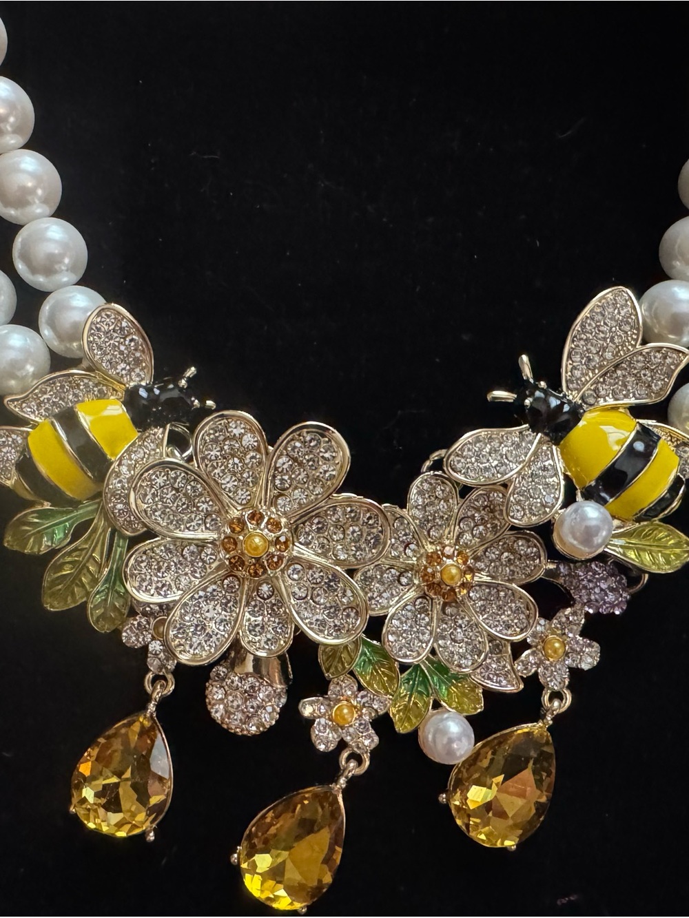 Eye Candy Yellow & Pearl Bee Floral Crystal Statement Necklace